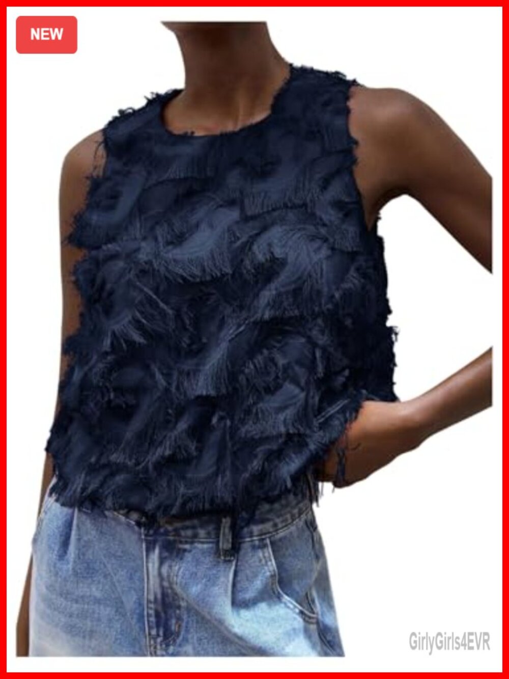 Fringe Tank Top Feather Fuzzy Trim Sleeveless Dressy Going Out Blouse